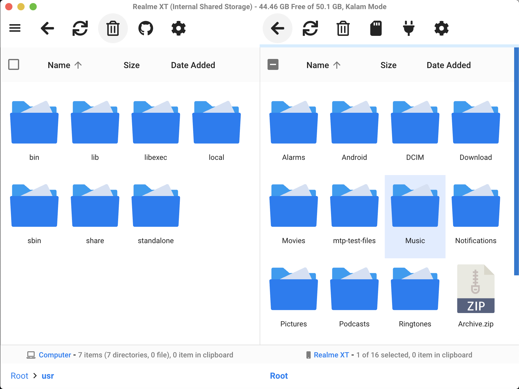 OpenMTP showing a Mac folder on the left and an Android phone's internal storage on the right