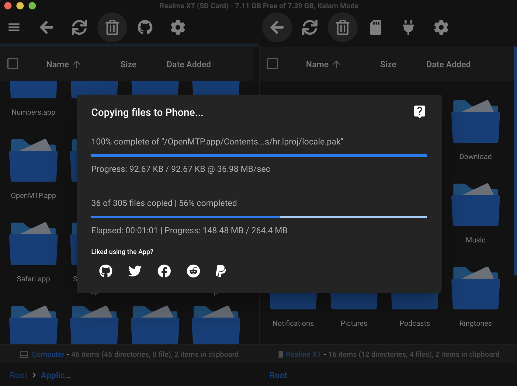 OpenMTP in dark mode copying 305 files to an Android phone, with file progress, total progress and transfer speed
